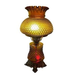 Vintage Amber Hobnail 1970s Ruffled Glass Hurricane GWTW Table Lamp MCM